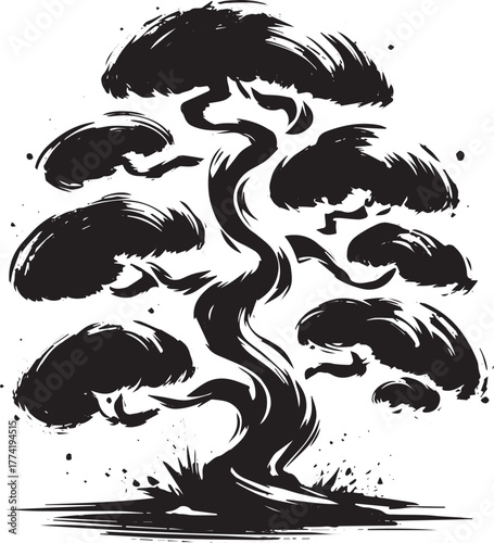 Ink Wash Painting of a stylized Japanese Bonsai tree in minimali