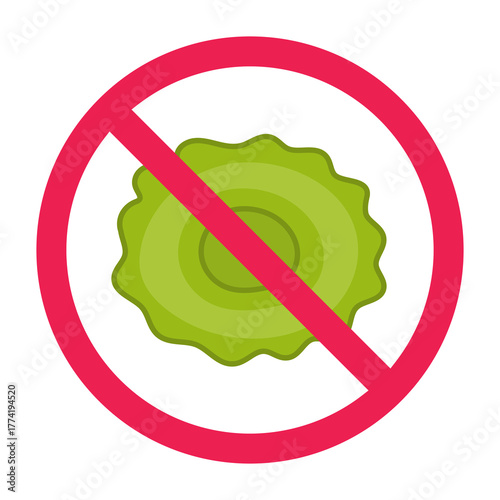 Forbidden sign with kue cucur icon, do not eat kue cucur, unhealthy food warning, bahaya makanan dari tepung berlebihan, red crossed circle symbol, flat vector illustration
