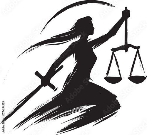 Striking Sumi-e Icon Representing Justice with Sword and Scales