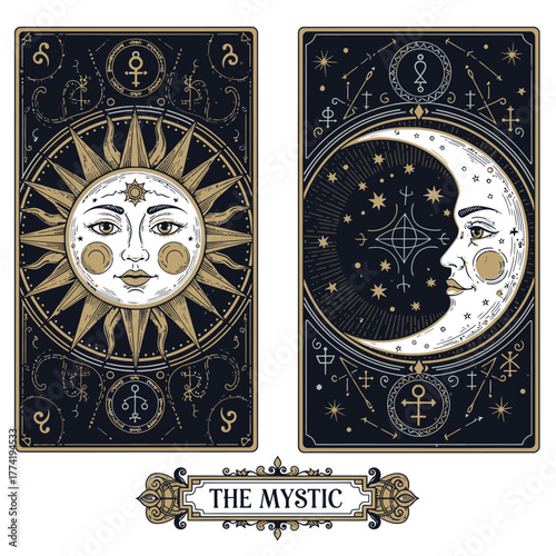 Ilustraciones místicas de cartas del tarot con el sol y la luna, símbolos celestiales y alquímicos sobre fondo oscuro.
