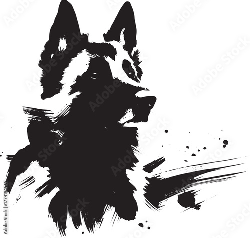 Elegant Belgian Malinois Portrait in Monochrome Brushstroke Tech