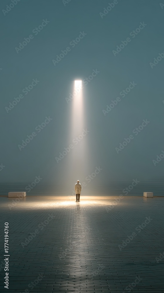 Fototapeta premium Solitary Figure Bathed in a Beam of Light on a Wet Reflective Surface Under a Moody Sky