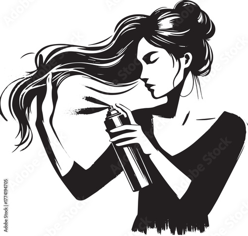 Elegant woman styling her hair with hairspray in minimalist brus