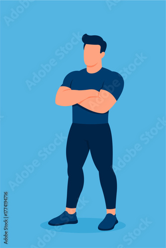 Confident Muscular Man Standing with Arms Crossed – Flat Vector Illustration