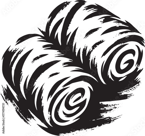 Abstract black and white depiction of hay bales using expressive