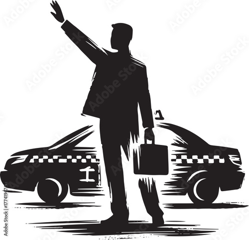 Monochromatic Sumi-e Illustration of a Man Hailing a Taxi in Jap