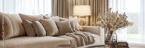 Warm-toned family room with cozy seating, soft textures, and elegant decor.