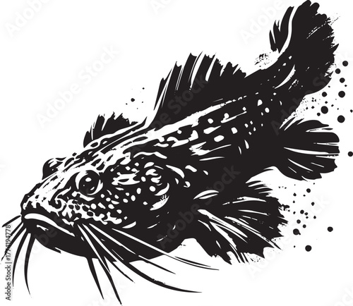 Elegant monochrome illustration of a Plecostomus, stylized in su
