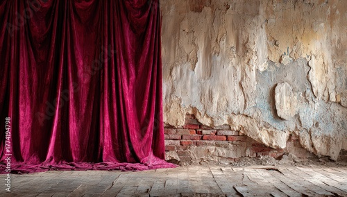 Burgundy Sequin Curtain Partially Covering a Damaged Brick Wall with Peeling Paint