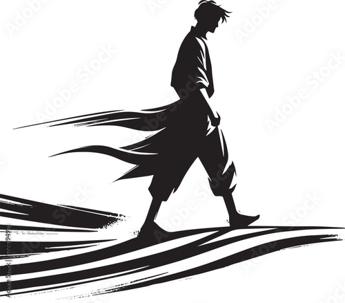 Solitary journey a minimalist sumi-e illustration of a man walki