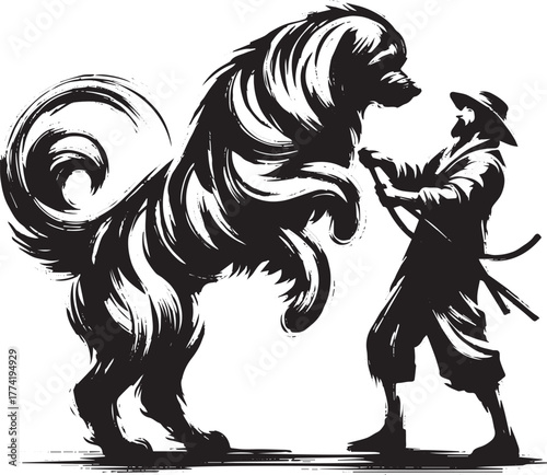 Sumi-e illustration depicting a man's interaction with a large p