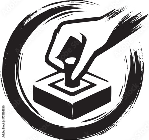 Minimalist hand pressing a stamp in sumi-e style, achieving chan