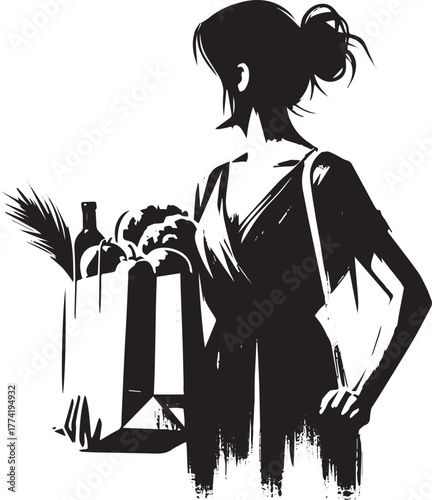 Sumi-e Illustration of Woman Carrying Grocery Bag with Food and