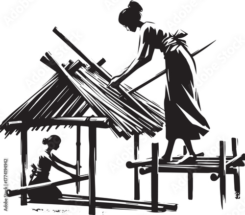 Sumi-e illustration of women constructing a small thatched roof