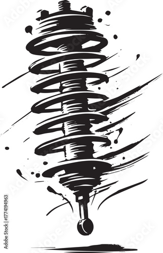 Stylized automotive suspension strut rendered in sumi-e ink wash
