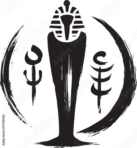 Egyptian Sarcophagus Sumi-e Style Illustration with Symbolic Ele