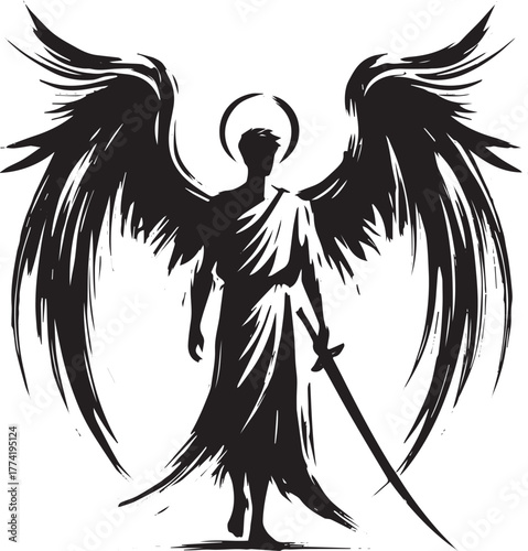 Abstract monochrome sketch depicting a winged warrior wielding a