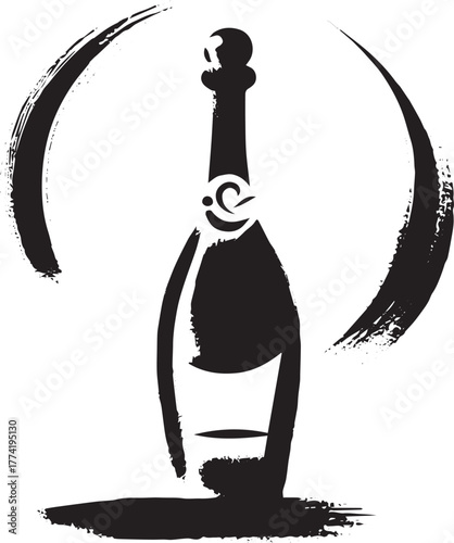 Elegant Prosecco bottle illustration in sumi-e style with artist