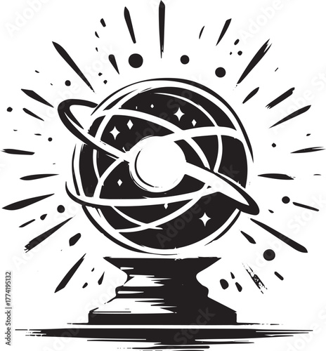 Minimalist Sumi-e depiction of a magical orb radiating cosmic en