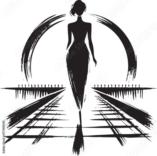 Elegant fashion runway illustration in minimalist sumi-e style a