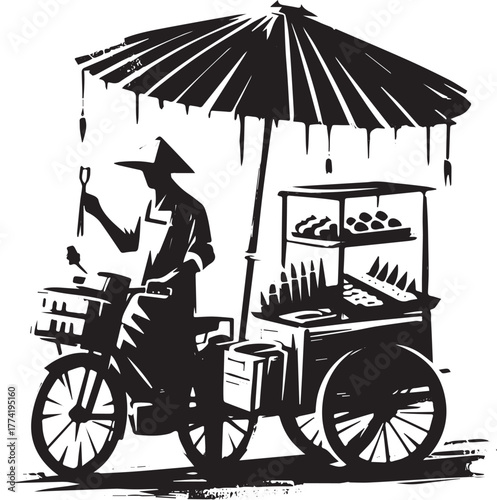 Minimalist Sumi-e Street Food Vendor on Motorbike Illustration D