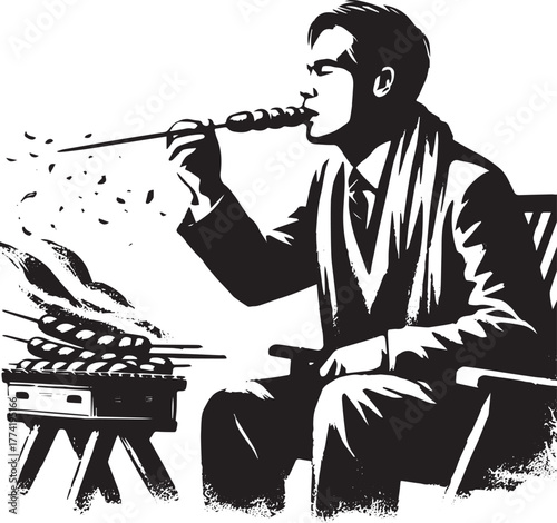 Monochrome illustration of a man enjoying barbecued sausages in