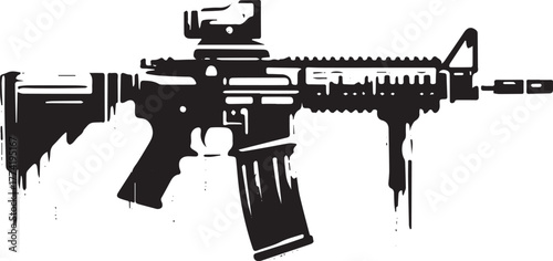 Minimalist black and white tactical rifle graphic, grunge style