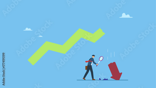 Businessman analyst using magnification glass to look at red crash graph arrow. Market crash analysis, learn from failure or crisis and recession data, analyze or measure investment downturn.
