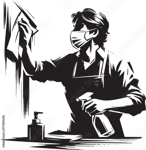 Monochrome illustration of a man cleaning with a mask during pan
