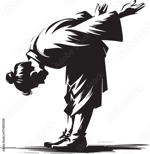 Striking sumi-e illustration of a man in traditional Japanese bo