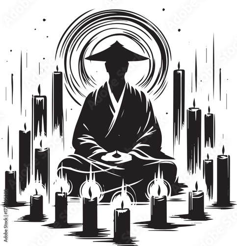 Monk in meditation surrounded by candles, sumi-e style ink drawi