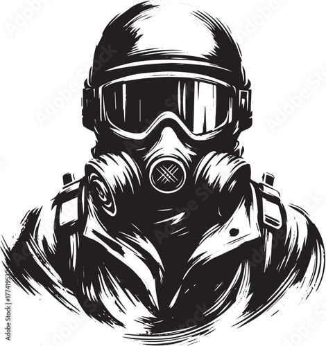 Stylized monochrome illustration of a figure wearing a protectiv