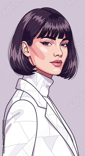 Ilustración vectorial de una mujer joven con cabello oscuro corto y flequillo, vestida con un blazer blanco y cuello alto, mirando directamente al espectador con una expresión serena.