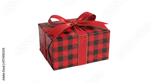 Red and black buffalo plaid gift box with ribbon isolated on transparent background, a present for christmas, birthday or other celebration