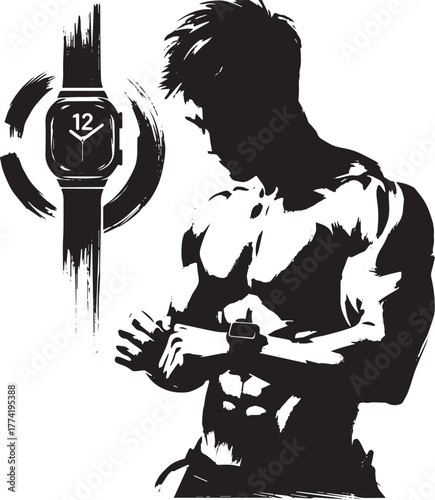 Stylized athletic man checks luxury fitness watch in monochrome