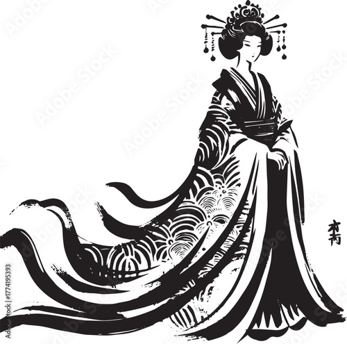 Elegant empress in sumi-e style, adorned with a crown and flowin