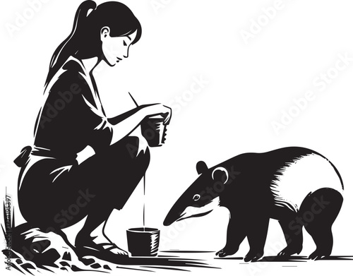 Sumi-e illustration of a woman and tapir at watering place, mini