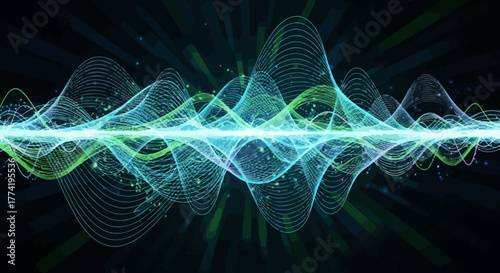 Ondas de energía abstractas y brillantes en tonos azules y verdes sobre un fondo oscuro, representando conceptos de sonido, luz o datos.