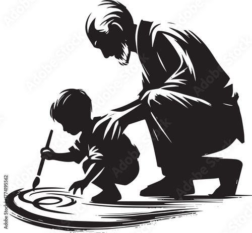 A poignant black and white illustration of a father teaching his