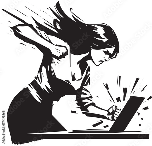 Frustrated woman slams laptop shut in stark black and white illu
