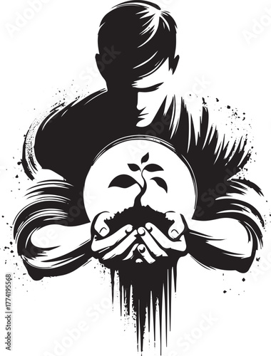 Sumi-e illustration portraying a man tenderly holding earth with