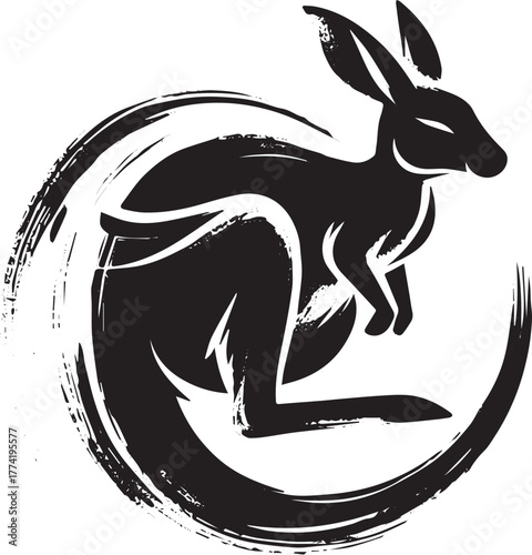 Abstract kangaroo illustration in sumi-e style with circle motio