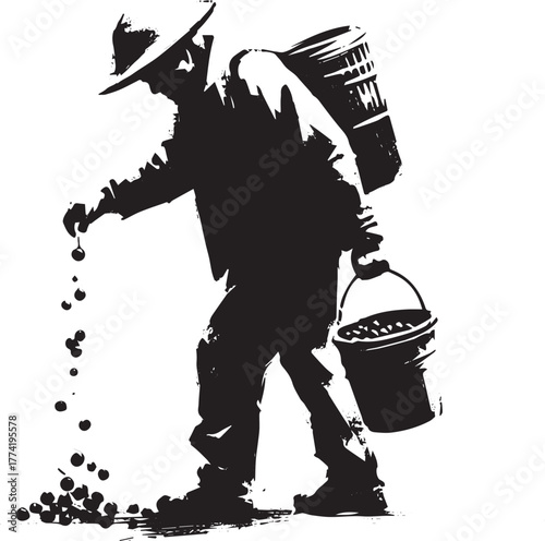 Sumi-e illustration of a man harvesting berries with pail and ba