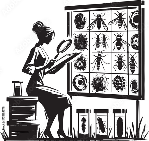 Illustration featuring a researcher archiving insect nesting sit