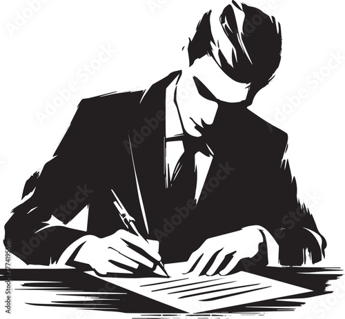 Monochromatic brushwork illustration of a man carefully signing
