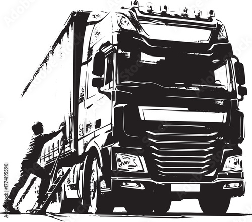 Monochrome semi-truck illustration with driver entering the cabi