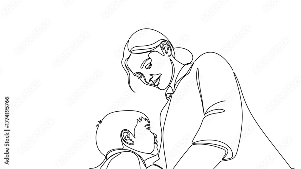 Obraz premium High-Quality Black Continuous Line Art of Low-Angle View from Child’s Eye Level, Mother Figure Towering Above in Tender Minimalist Moment