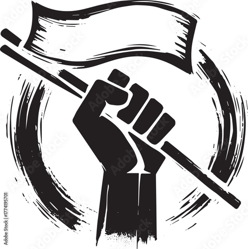 Raised fist holding banner, symbol of resilience and social chan