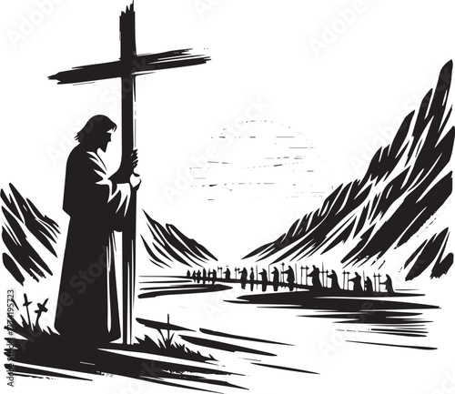 Black and white illustration of a religious pilgrimage with rive