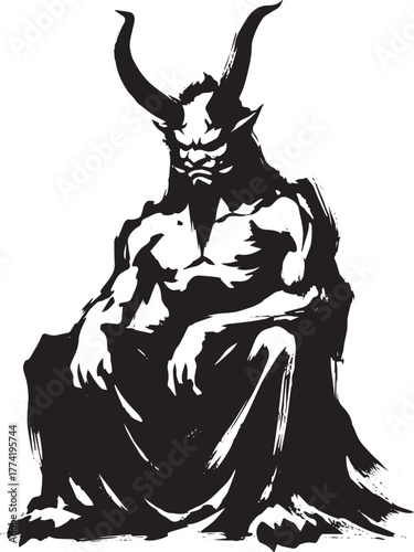 Minimalist sumi-e illustration of a formidable male Oni with pro